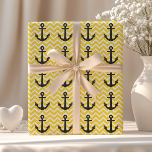 Golden Yellow Chevron Anchor Wrapping Paper