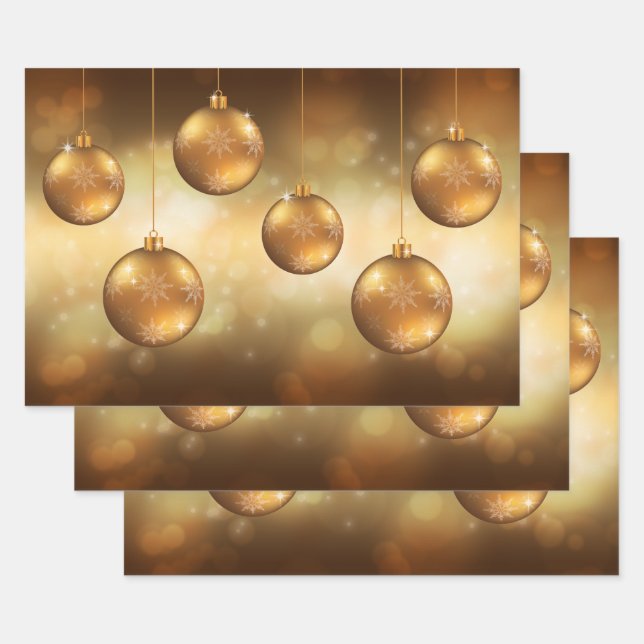 Golden Yellow Christmas Baubles On Yellow Bokeh Wrapping Paper Sheet (Set)
