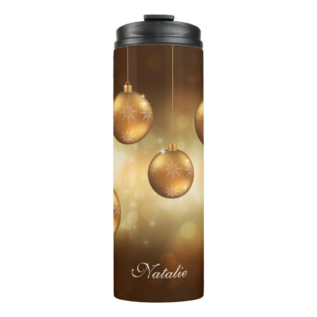 Golden Yellow Christmas Baubles With Custom Name Thermal Tumbler (Front)