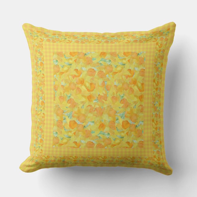 Golden Yellow Daffodils and Check Gingham Border Cushion (Front)