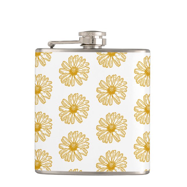 Golden Yellow Daisies Print, Daisy Floral Pattern Hip Flask (Front)