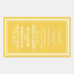 Golden Yellow Elegant Wedding Monogram Wine Bottle Rectangular Sticker