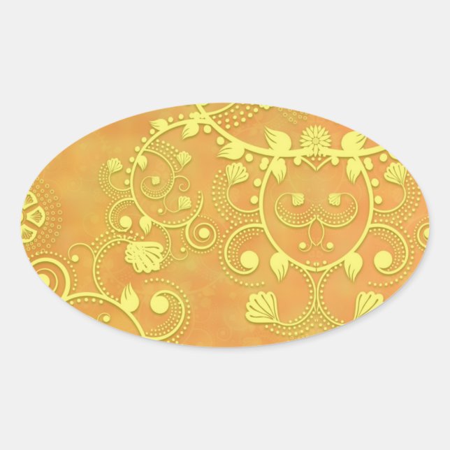 Golden Yellow Fancy Floral Damask Pattern Oval Sticker (Front)