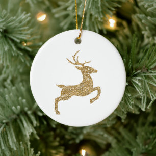 Golden Yellow Faux Glitter Look Jumping Deer Shape Ceramic Ornament