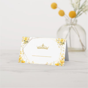 Golden Yellow Floral Tiara Butterfly Quinceañera Place Card