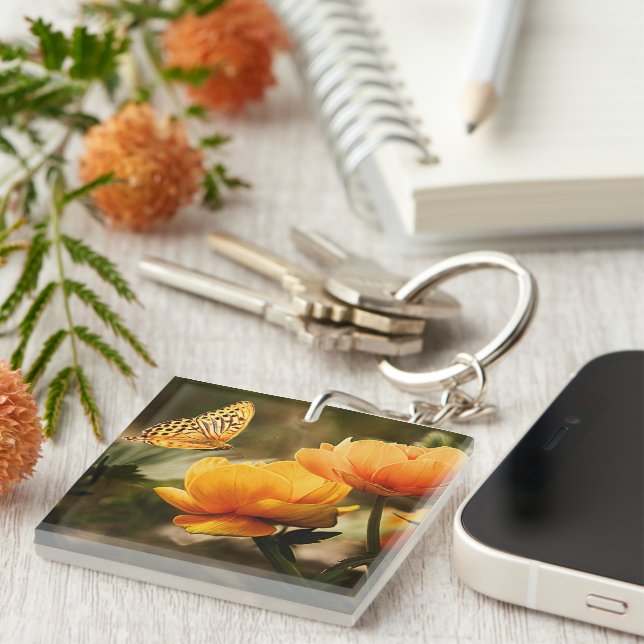 Golden yellow flowers and butterfly key ring (Front Right)