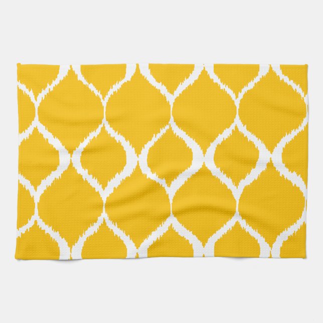 Golden Yellow Geometric Ikat Tribal Print Pattern Tea Towel (Horizontal)