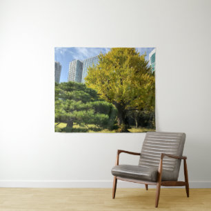 Golden Yellow Ginkgo and Pine Tree Tapestry
