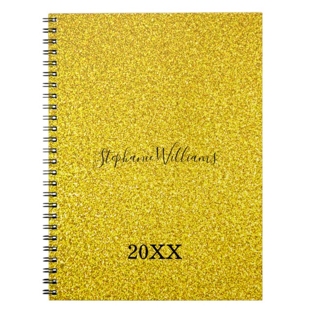 Golden Yellow Glittery Custom Name Year Cute Girly Notebook (Front)