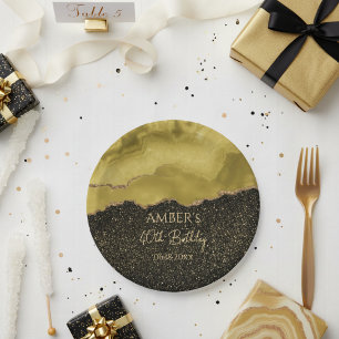 Golden Yellow Gold Glitter Abstract Watercolor  Paper Plate