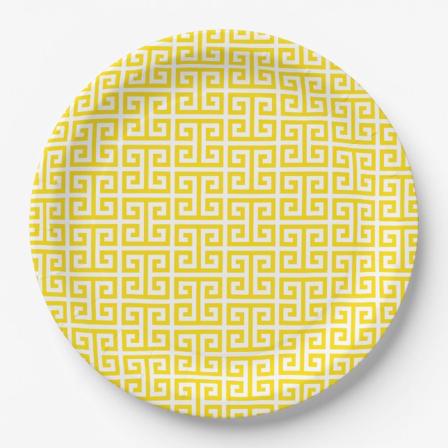 Golden Yellow Greek Key Pattern Paper Plate (Front)