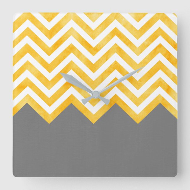 Golden Yellow Grey Chevron Square Wall Clock (Front)