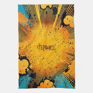 Golden Yellow Grunge Comic Blast Cyan Tea Towel