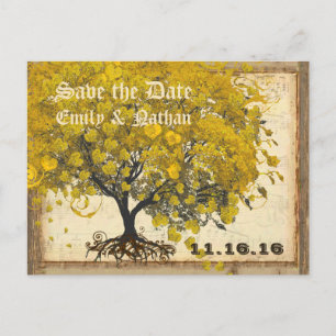 Golden Yellow Heart Leaf Tree Save the Date Announcement Postcard