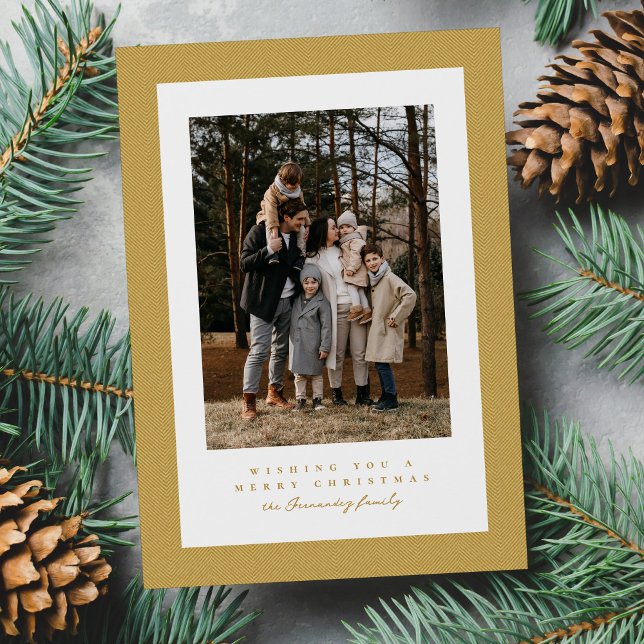 Golden yellow herringbone frame Christmas photo Holiday Card (Creator Uploaded)