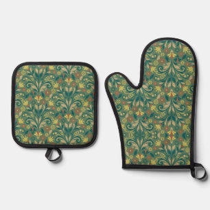 Golden Yellow Leafy Vine Pattern Oven Mitt & Pot Holder Set