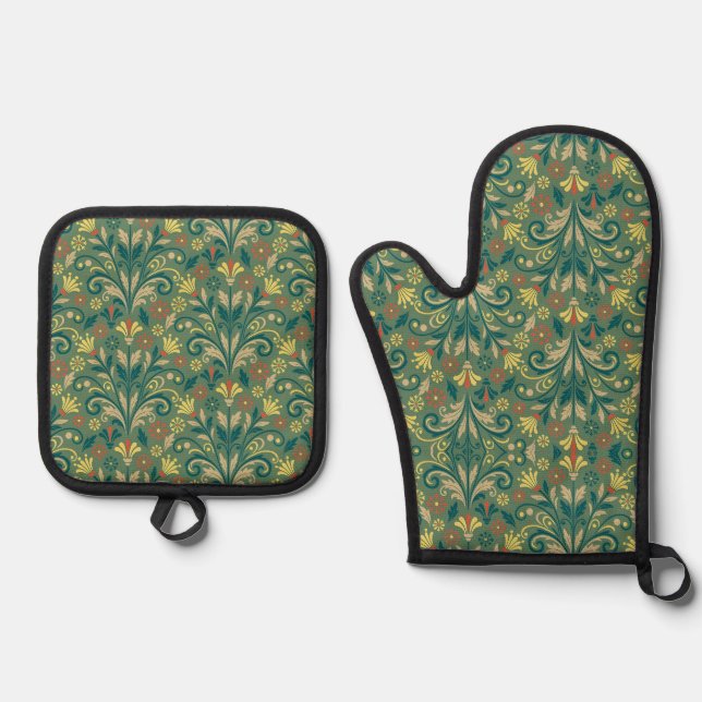 Golden Yellow Leafy Vine Pattern  Oven Mitt & Pot Holder Set (Front)