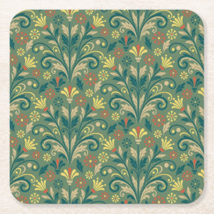 Golden Yellow Leafy Vine Pattern  Square Paper Coa Coaster