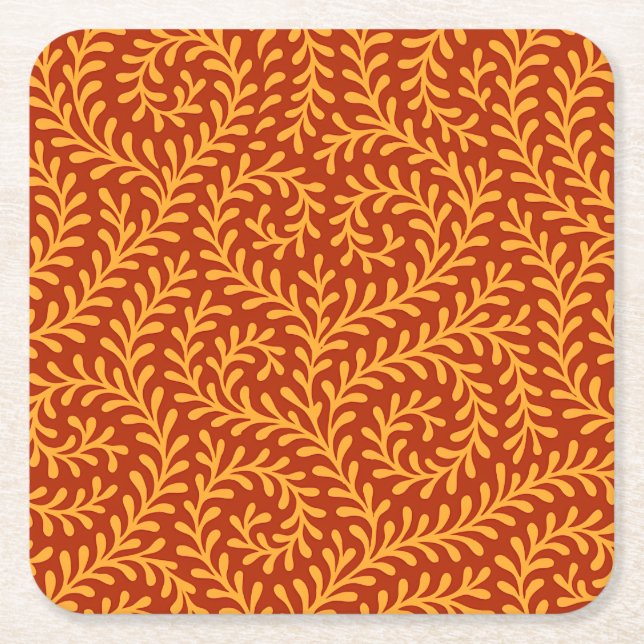 Golden Yellow Leafy Vine Pattern  Square Paper Coaster (Front)