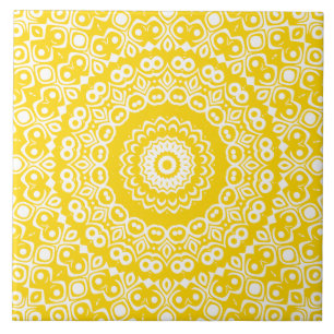 Golden Yellow Mandala Kaleidoscope Medallions Ceramic Tile