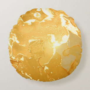 Golden Yellow Marble Ink Pattern Round Cushion