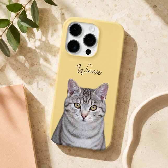 Golden Yellow Modern Cat Photo and Script Name iPhone Case (Creator Uploaded)