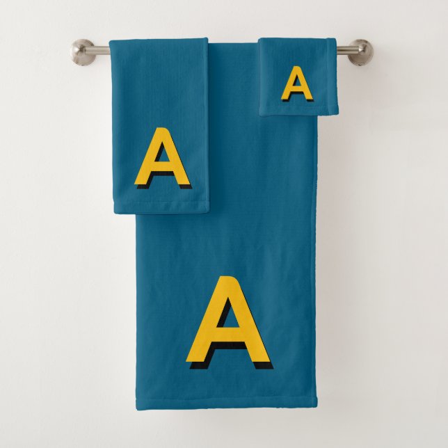 Golden Yellow Monogram on Blue Lagoon Colour Bath Towel Set (Insitu)