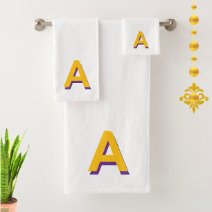 Golden Yellow Monogram on White Bath Towel Set