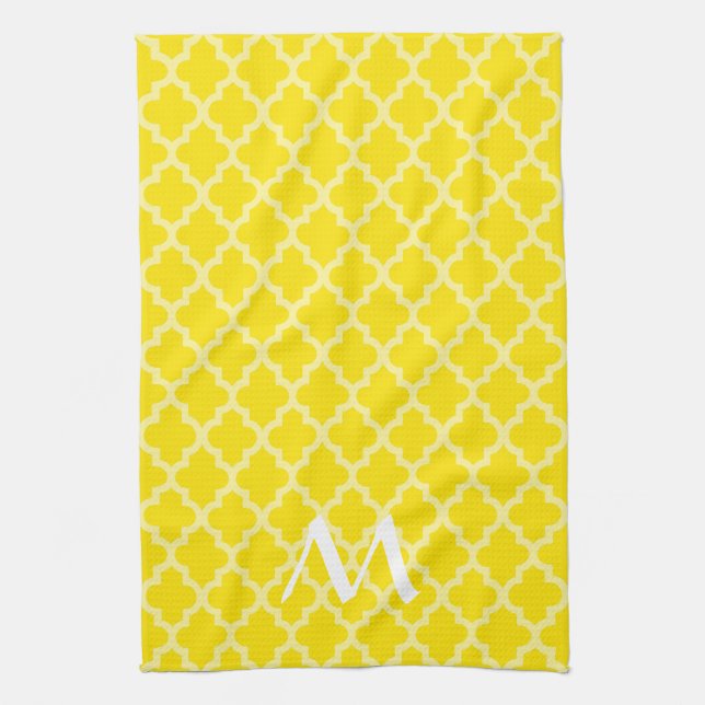 Golden Yellow Moroccan Moods Quatrefoil w/ Initial Tea Towel (Vertical)