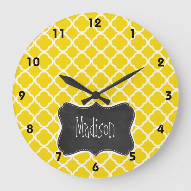 Golden Yellow Moroccan Quatrefoil; Chalkboard look Large Clock (Front)