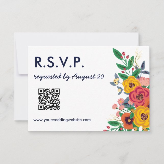 Golden Yellow Navy Blue Boho Wedding QR Online RSVP Card (Front)