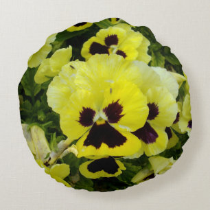 Golden Yellow Pansies Growing: Sunshine in Bloom Round Cushion