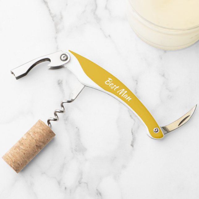 Golden Yellow Personalised Wedding Best Man Corkscrew (Front)