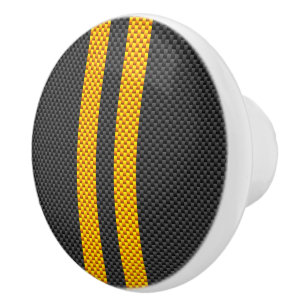 Golden Yellow Racing Stripes Carbon Fibre Style Ceramic Knob