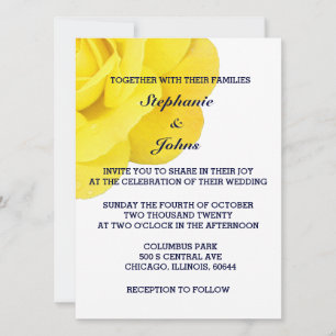 Golden Yellow Rose Dark Navy Blue White Wedding Invitation