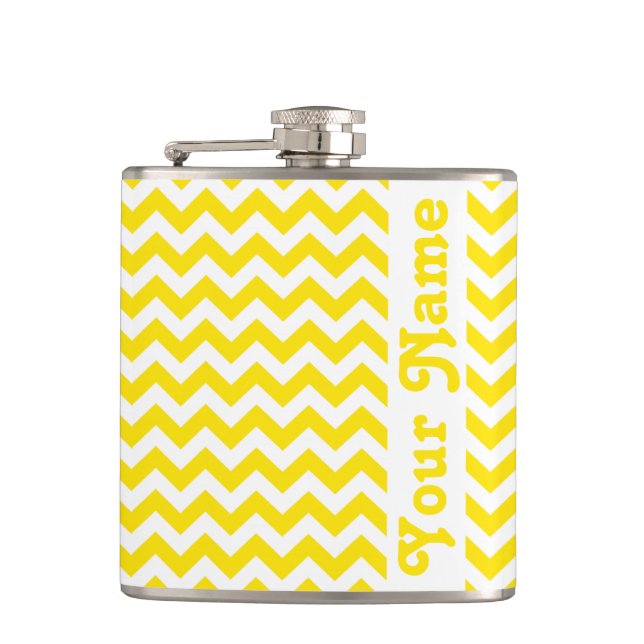 Golden Yellow Safari Chevron w/ customisable name Hip Flask (Front)