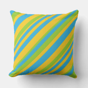 Golden Yellow, Sky Blue, Green Diagonal Stripes Cushion