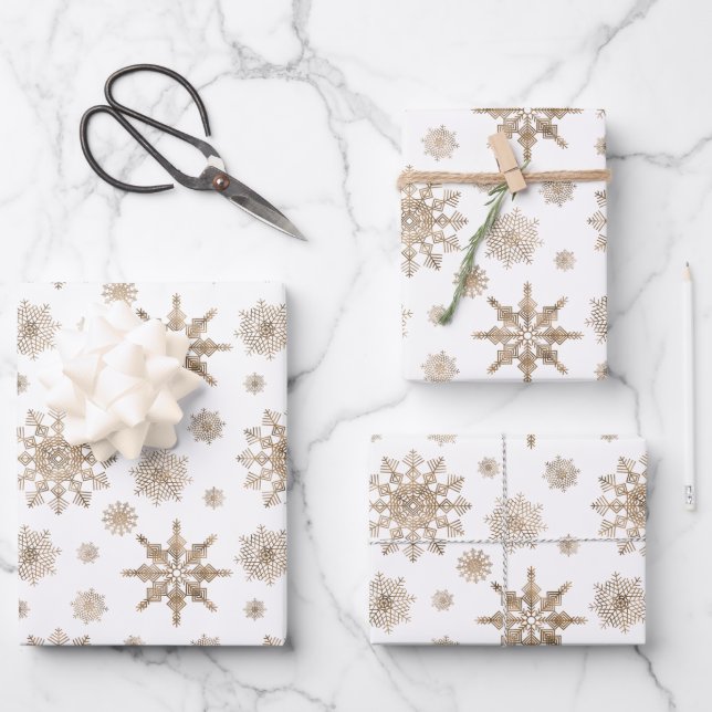 Golden Yellow Snowflakes Pattern Wrapping Paper Sheet (Front)