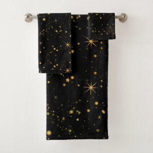 Golden Yellow Stars Black Night Sky Bath Towel Set