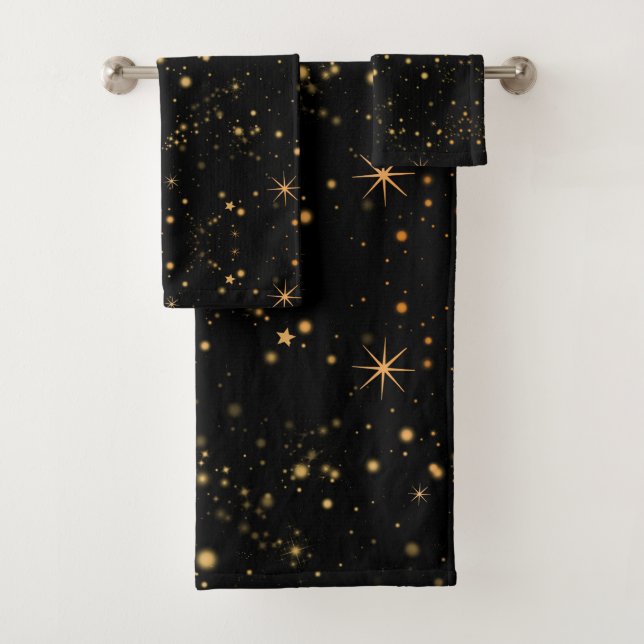 Golden Yellow Stars Black Night Sky Bath Towel Set (Insitu)