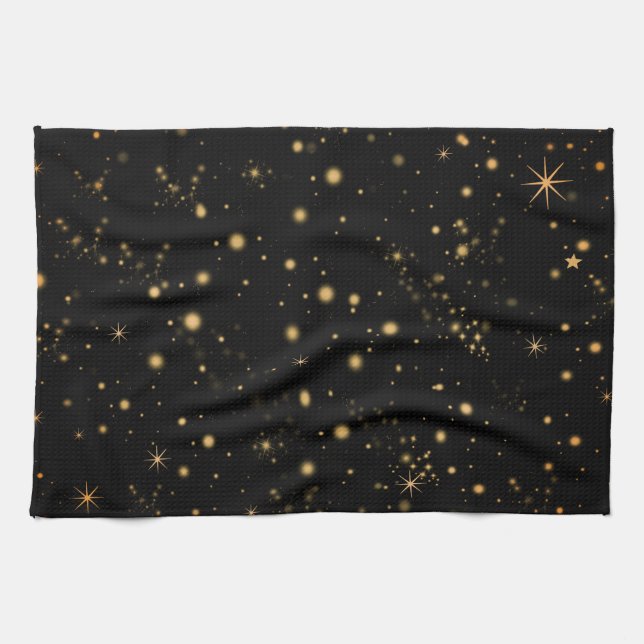 Golden Yellow Stars Black Night Sky Tea Towel (Horizontal)
