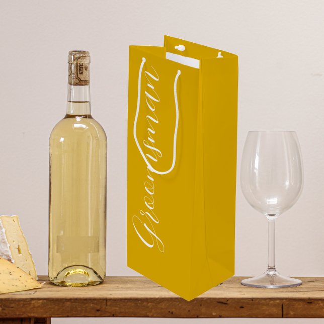 Golden Yellow Stylised Script Wedding Groomsman Wine Gift Bag (In Situ)