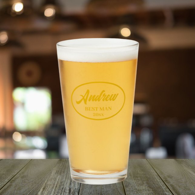 Golden Yellow Stylized Name Wedding Best Man Glass (In Situ)