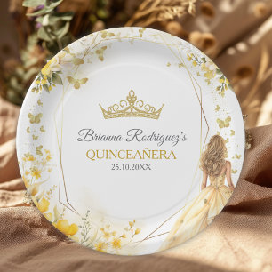 Golden Yellow Tiara Floral Butterflies Quinceañera Paper Plate