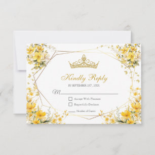 Golden Yellow Tiara Floral Butterflies Quinceañera RSVP Card