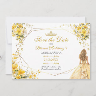 Golden Yellow Tiara Floral Butterflies Quinceañera Save The Date