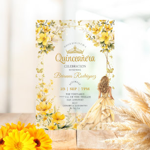 Golden Yellow Tiara Floral Butterfly Quinceañera  Acrylic Invitations