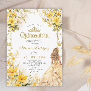 Golden Yellow Tiara Floral Butterfly Quinceañera  Invitation