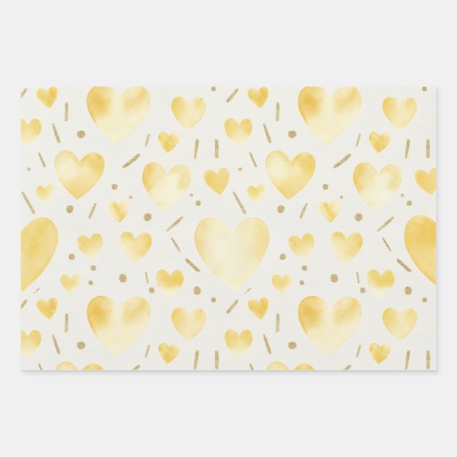 Golden Yellow Watercolor & Glitter Hearts Wrapping Paper Sheet (Front)