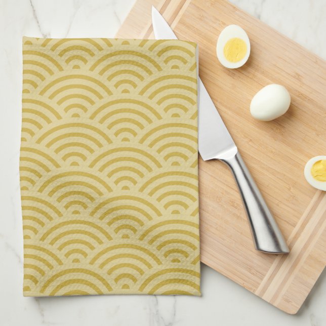 Golden Yellow Waves Art Deco Inspired Pattern Tea Towel (Quarter Fold)